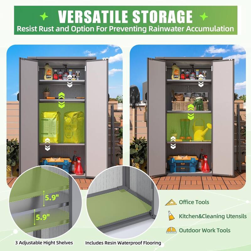 AECOJOY Tall Resin Outdoor Storage Cabinet Waterproof with Adjustable Shelves, Vertical Plastic Storage Shed with Floor