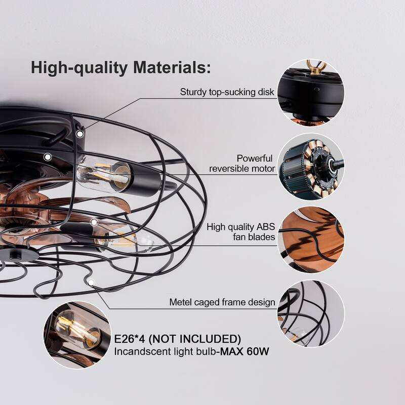 19 Inch Ceiling Fan Light With 6 Speed Remote 8 Blade Reversible DC Motor For Bedroom - Black