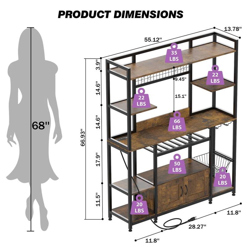 55" Bakers Rack with Power Outlet and LED Light
