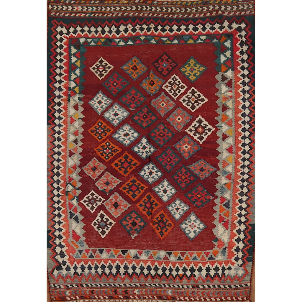 Tribal Kilim Qashqai Persian Vintage Rug Hand-Woven Red Wool Carpet - 5'0"x 6'8"