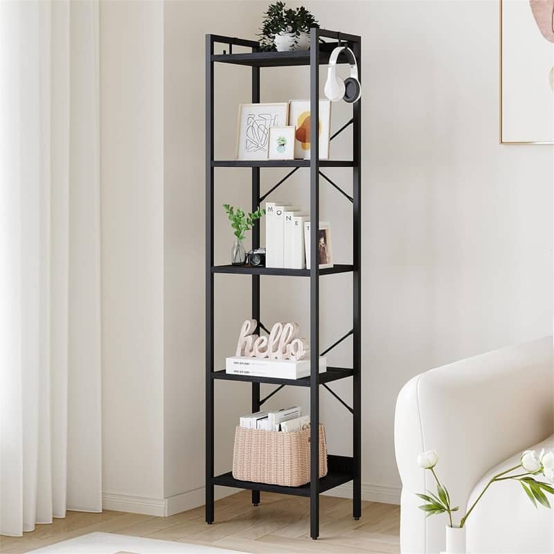 Book Shelf Industrial Bookcase with 2 Hooks - 9.45"D x 15.75"W x 63"H