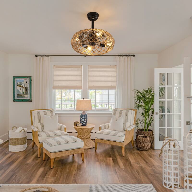 19" Hemp Rope Woven Ceiling Fan with 4 bulbs, Dimmable, 7 Blades, Reversible DC motor