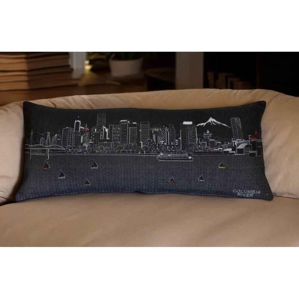 HomeRoots 35" Black Portland Nighttime Skyline Lumbar Decorative Pillow