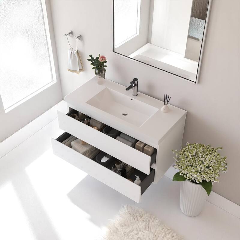 42" Wall-Mounted Bathroom Vanity with Glossy White Resin Sink - Modern Floating Bathroom Cabinet with Soft-Close Hinges