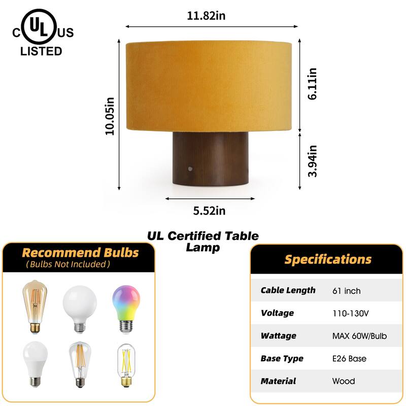 10 in. Modern Small Table Lamp with Corduroy Shade and Touch Switch for Kid Room, Living Room