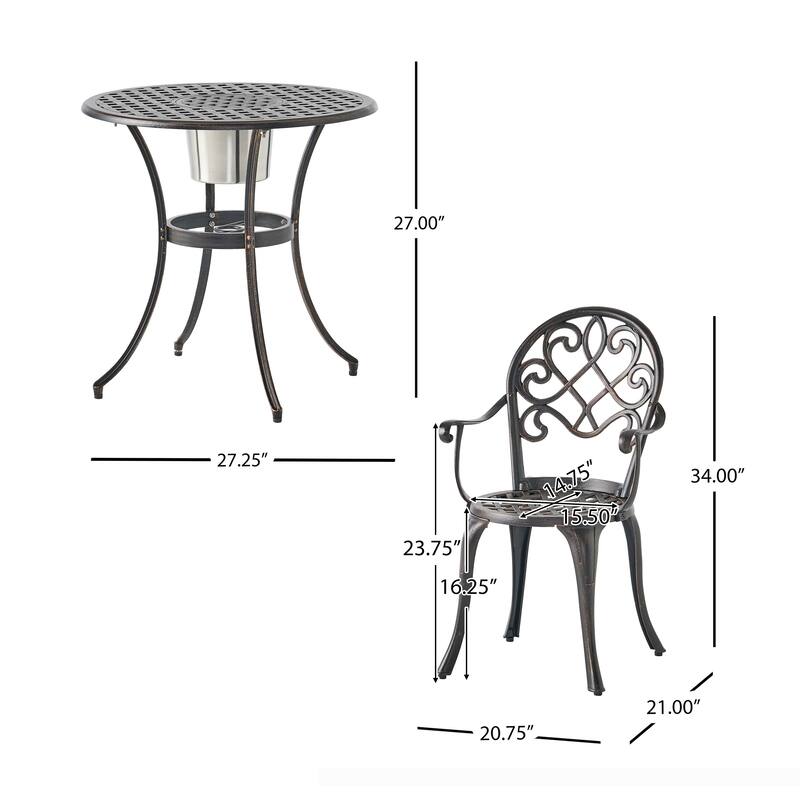 Outdoor Bistro Table Set with 2 Chairs and an Ice Bucket, Coppertone