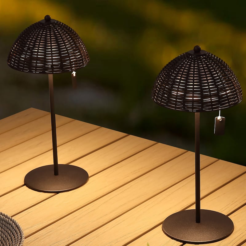 12.75" Coastal Cordless LED Table Lamp, Wicker Shade, Dimmable, Indoor/Outdoor (Set of 2) - 12.75 - Black with Dark Brown Shade