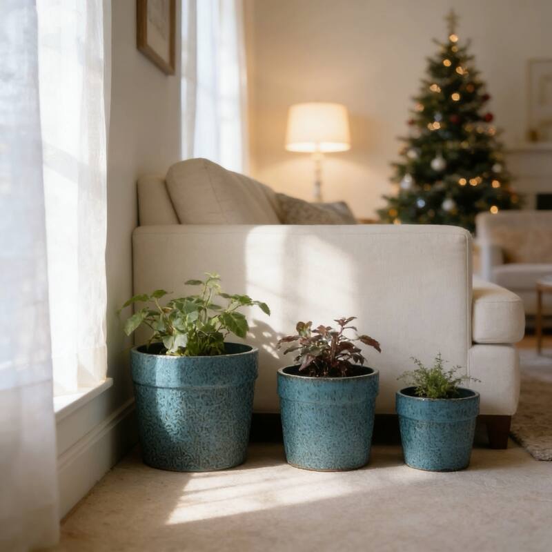 Anmytek Handmade Ceramic Planter Set Blue Textured for Succulents Indoor Garden