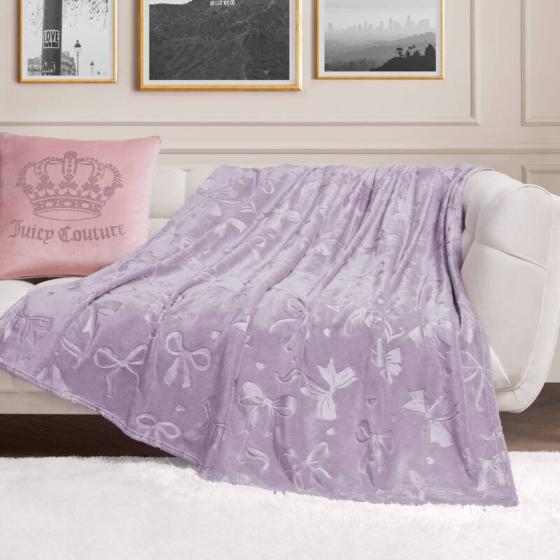 Juicy Couture 60"x70" Embossed Plush Throw Blankets - 60" x 70" - Bow Lavender