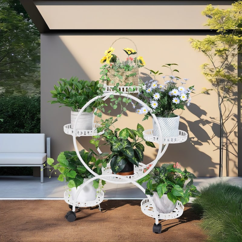 Flower Pot Holder Metal Plant Stand Shelf with 4-Wheel