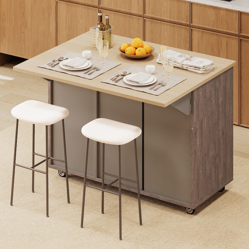 Kyle Geometric Twill Textured Design Kitchen Island with Drop Leaf(51-in x30-in x36-in)