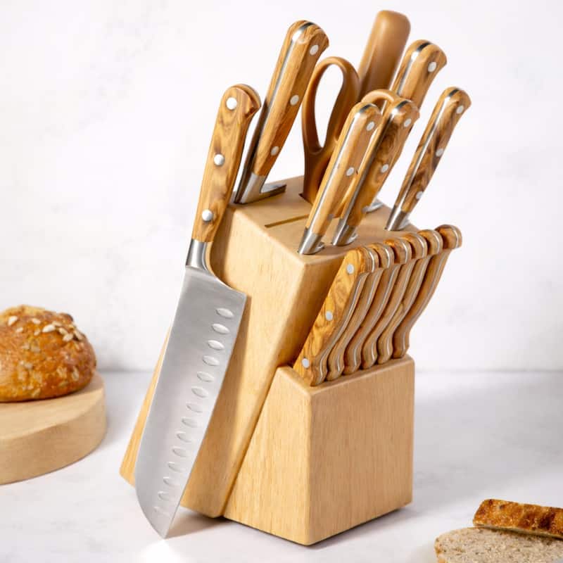 Martha Stewart 15 Piece Austenwood German Stainless Steel Cutlery Knife Block Set W/ Italian Olive Wood Forged Handle