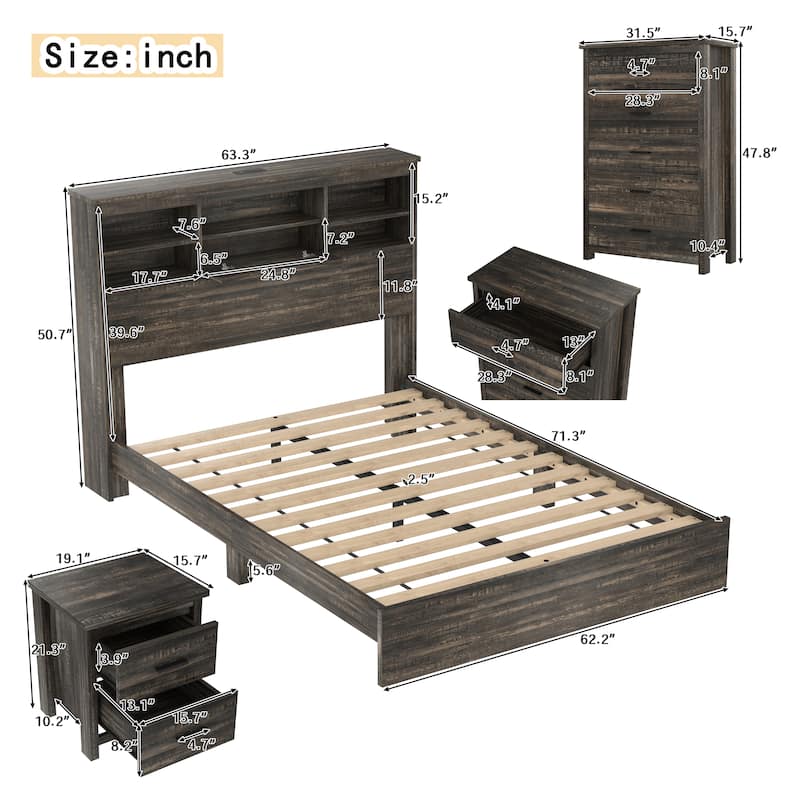 Roomfitters 4-Piece Bedroom Set, Wooden Queen Size Bed with Storage Headboard and Charging Station
