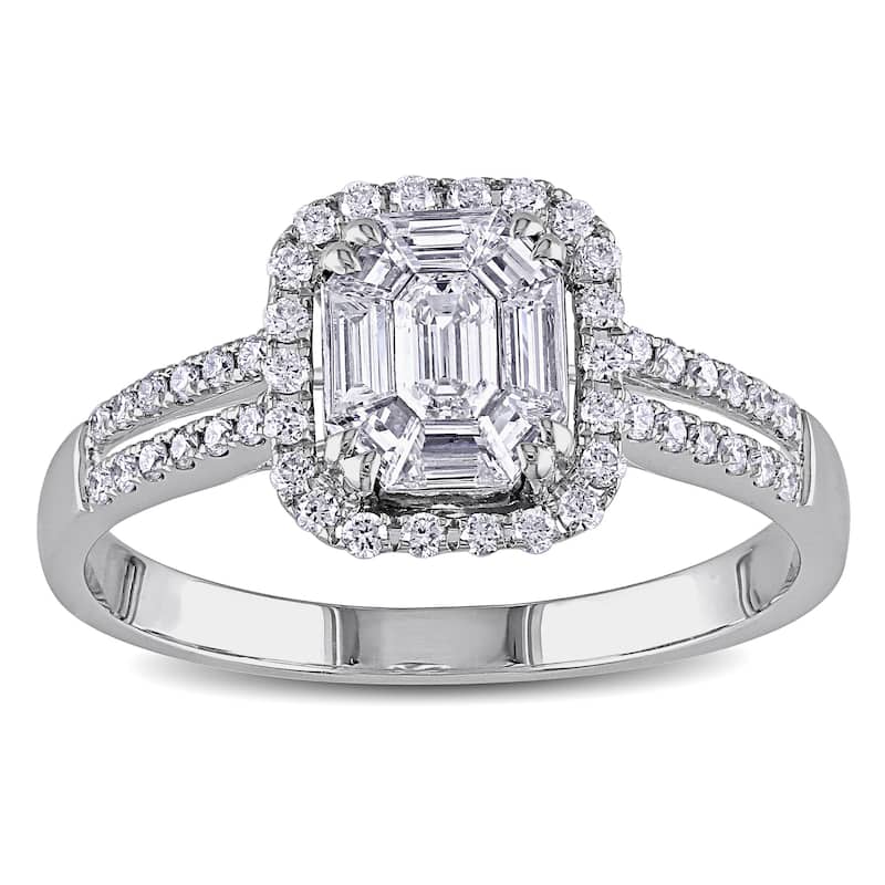 Miadora 3/4ct TDW Parallel Baguette Round Diamond Halo Split Shank Engagement Ring in 18k White Gold