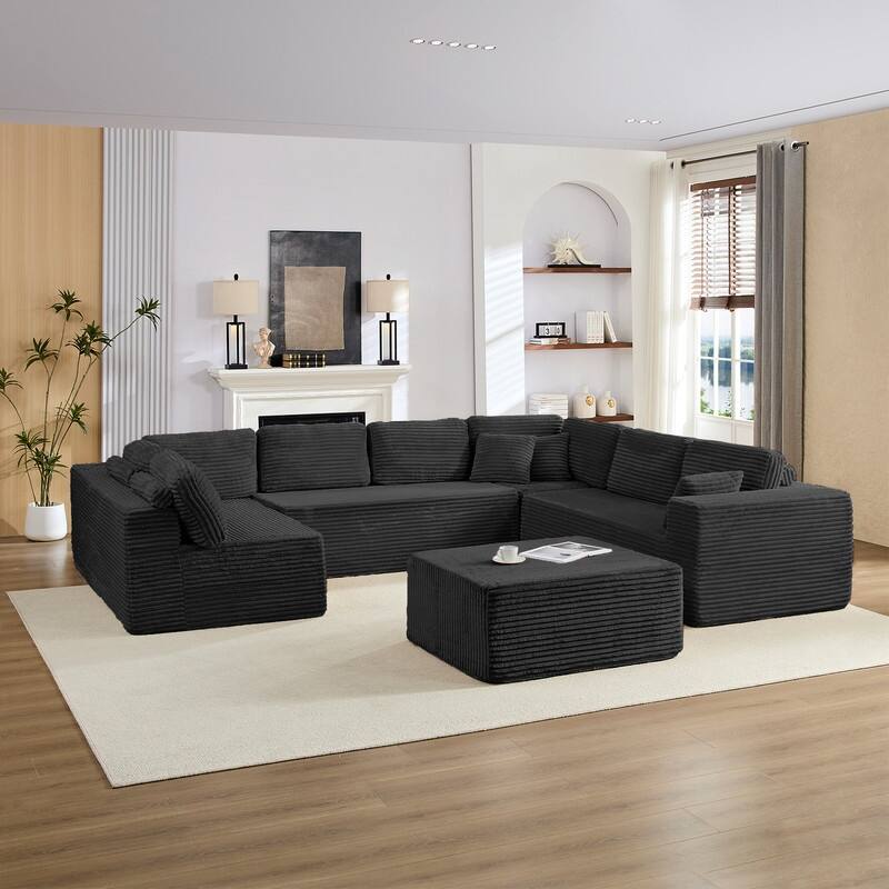 Corduroy 141'' Deep Seat Modular Sectional Sofa, Modern 8-Seater U-Shape Sofa Couch with Moveable Ottoman