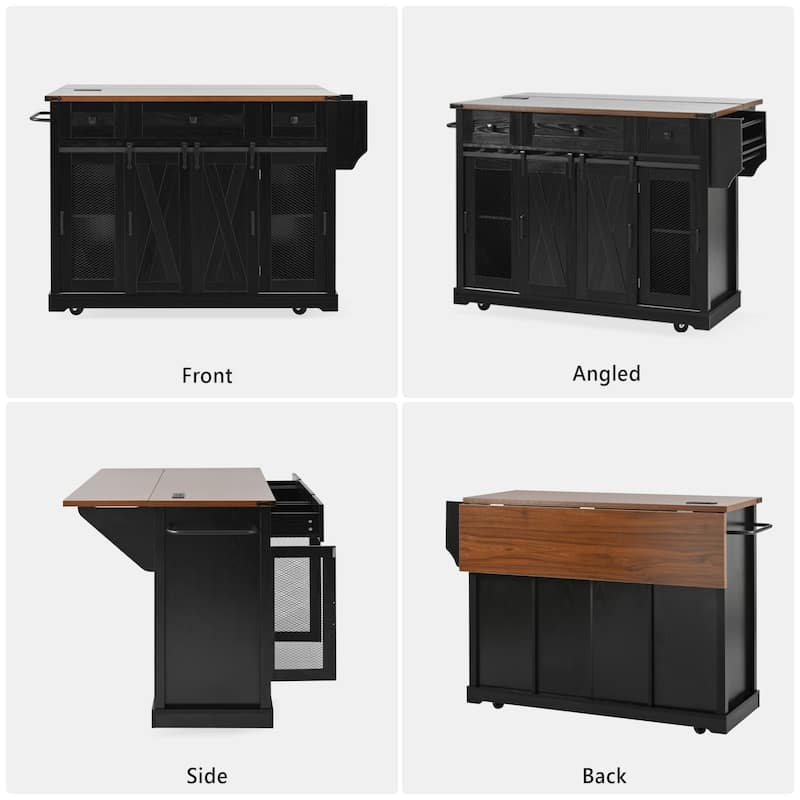 58" Farmhouse Kitchen Island with Sliding Barn Door, Drop Leaf & Storage, Mobile on 5 Wheels