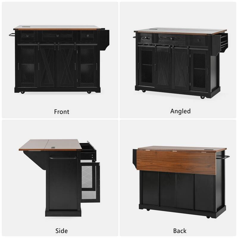 58" Farmhouse Kitchen Island with Storage, Sliding Barn Door & Metal Grid Side Door, Rolling Kitchen Island