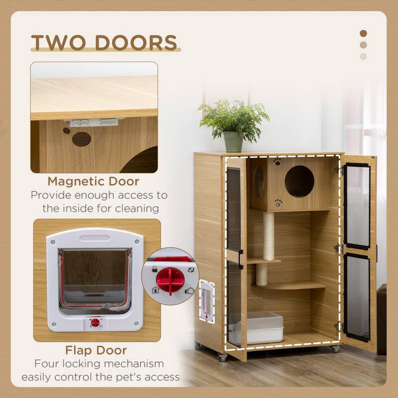 Oak Particle Board Cat Cabinet with Platforms, Scratcher and Cushion