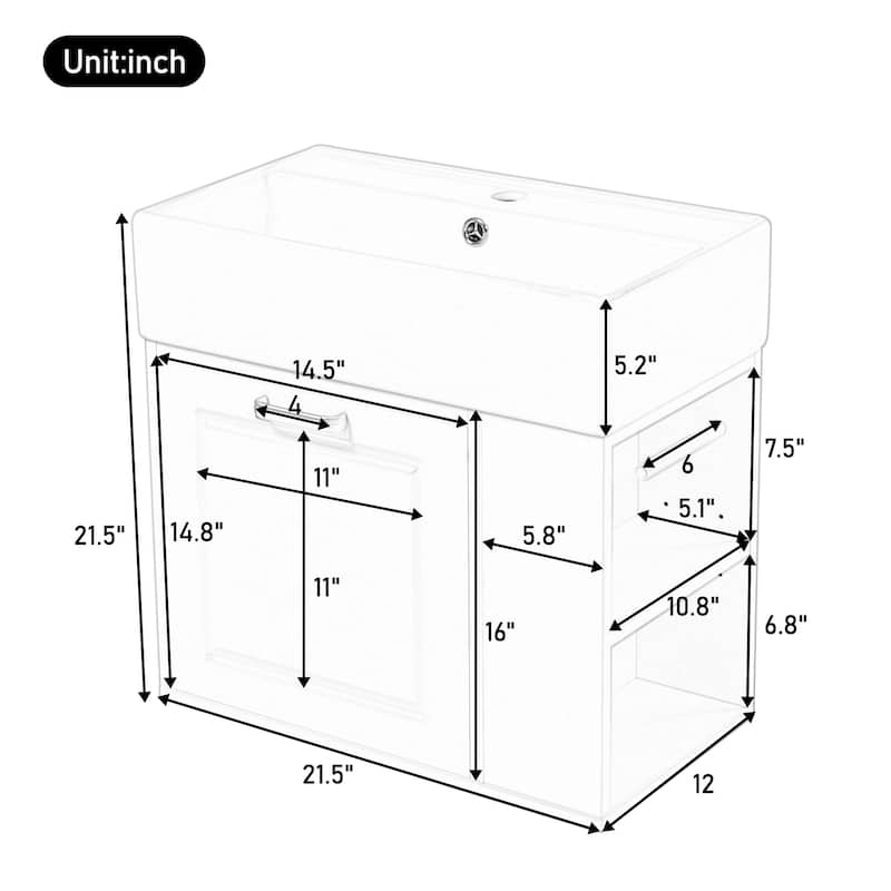 21.8" Floating Bathroom Vanity Cabinet with Ceramic Sink & Toilet Paper Holder for Small Space