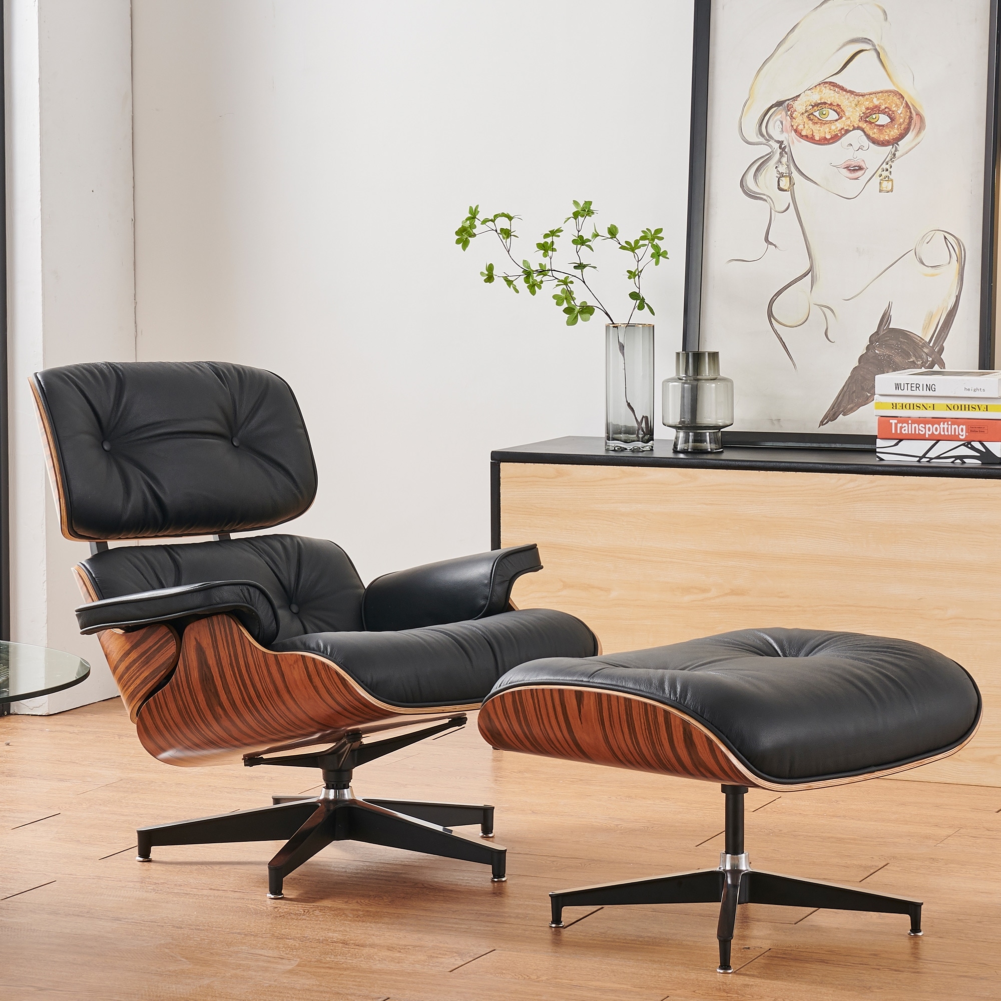 Mid century Modern Leather Lounge Chair and Ottoman Set On Sale