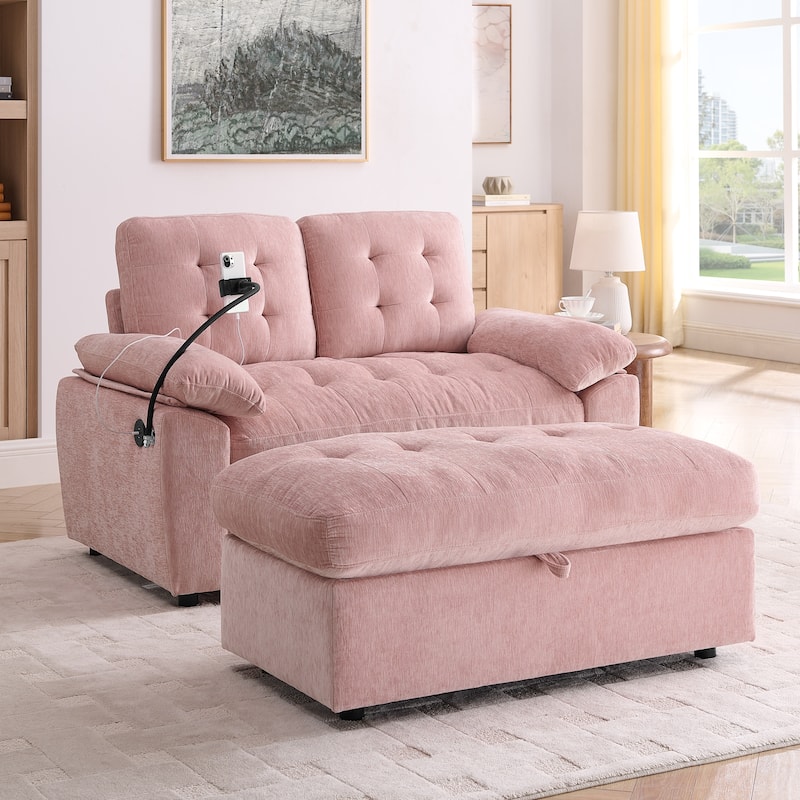 Double Recliner Chair with Adjustable Backrest, Storage Ottoman, USB Port & Phone Stand - Pink