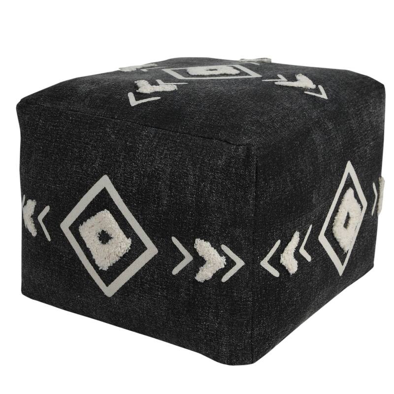 18" Black and White Diamond Medallion Square Pouf Ottoman