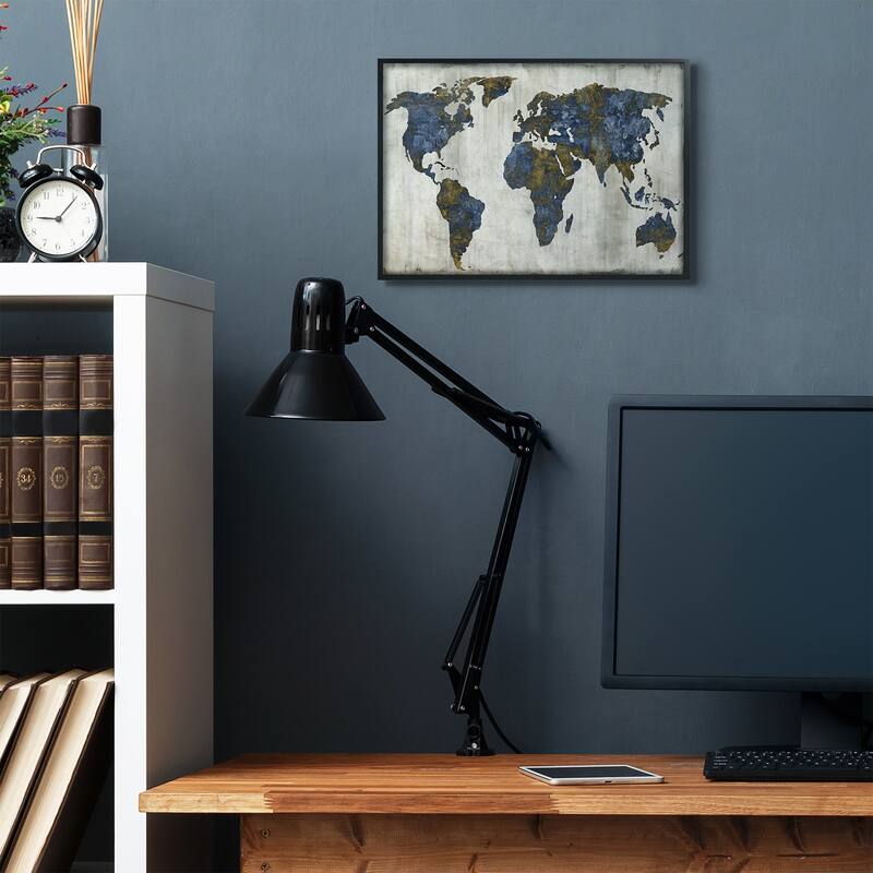 Stupell Gold Blue World Map Design Framed Wall Art