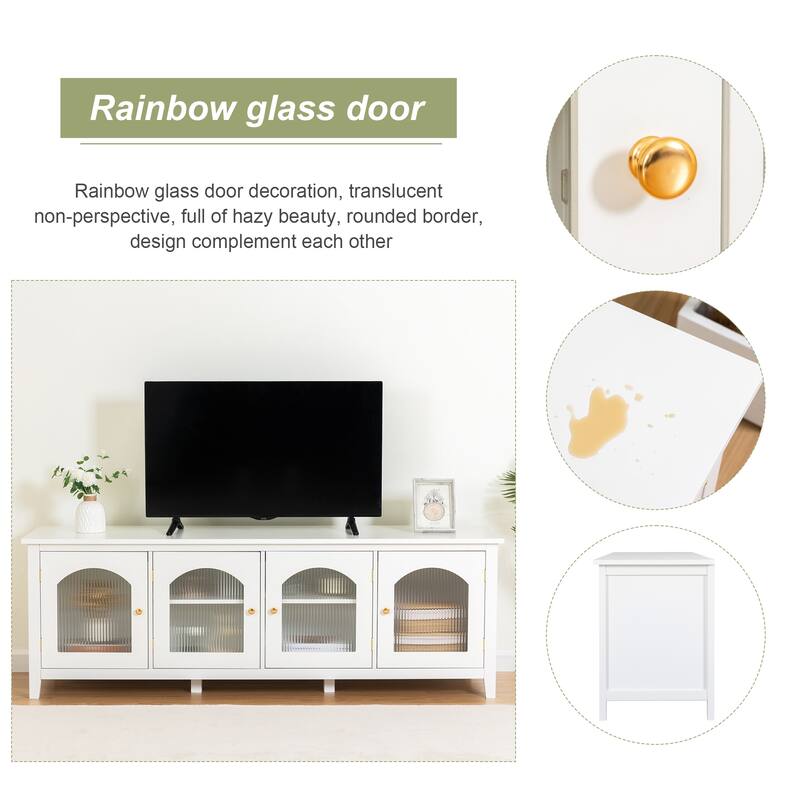 71" Modern TV Stand, Entertainment Center Media Console, Solid Wood Frame TV Cabinet with Changhong Glass Doors & Metal Handles