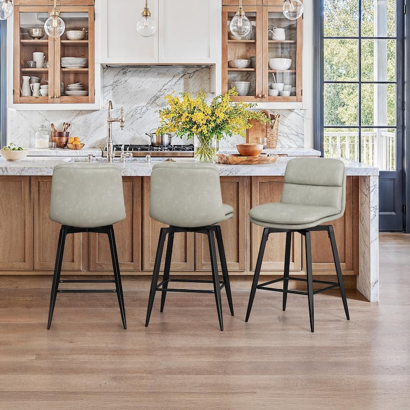 Upholstered Faux Leather Bar Stools with Back and Metal Legs Set of 2/3/4, 26" H Seat Height, 360° Swivel Bar Stools Brown