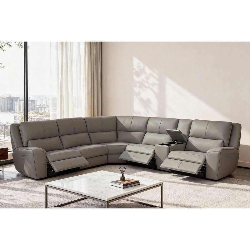 6PCS, 3 power Recliners, Leather Reclining Sectional with Wireless Charge & Pop-Out Cup Holders