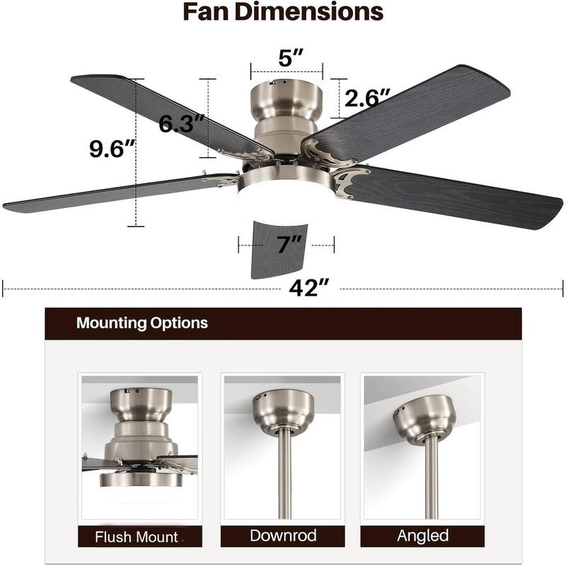 42 Inch Ceiling Fan 5 Blades Noiseless Reversible Dc Motor Remote Control With Led Light - Nickel