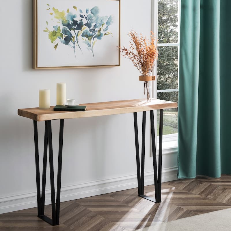 Greenage Suar Wood Console Table with Flat Iron Table Legs