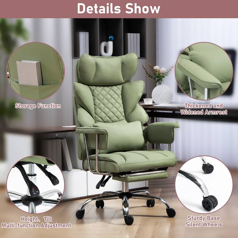 Comfortable Ergonomic Office Chair with Foot Rest, PU Leather Reclining Chair with Adjustable Height Headrest and Waist Lumber