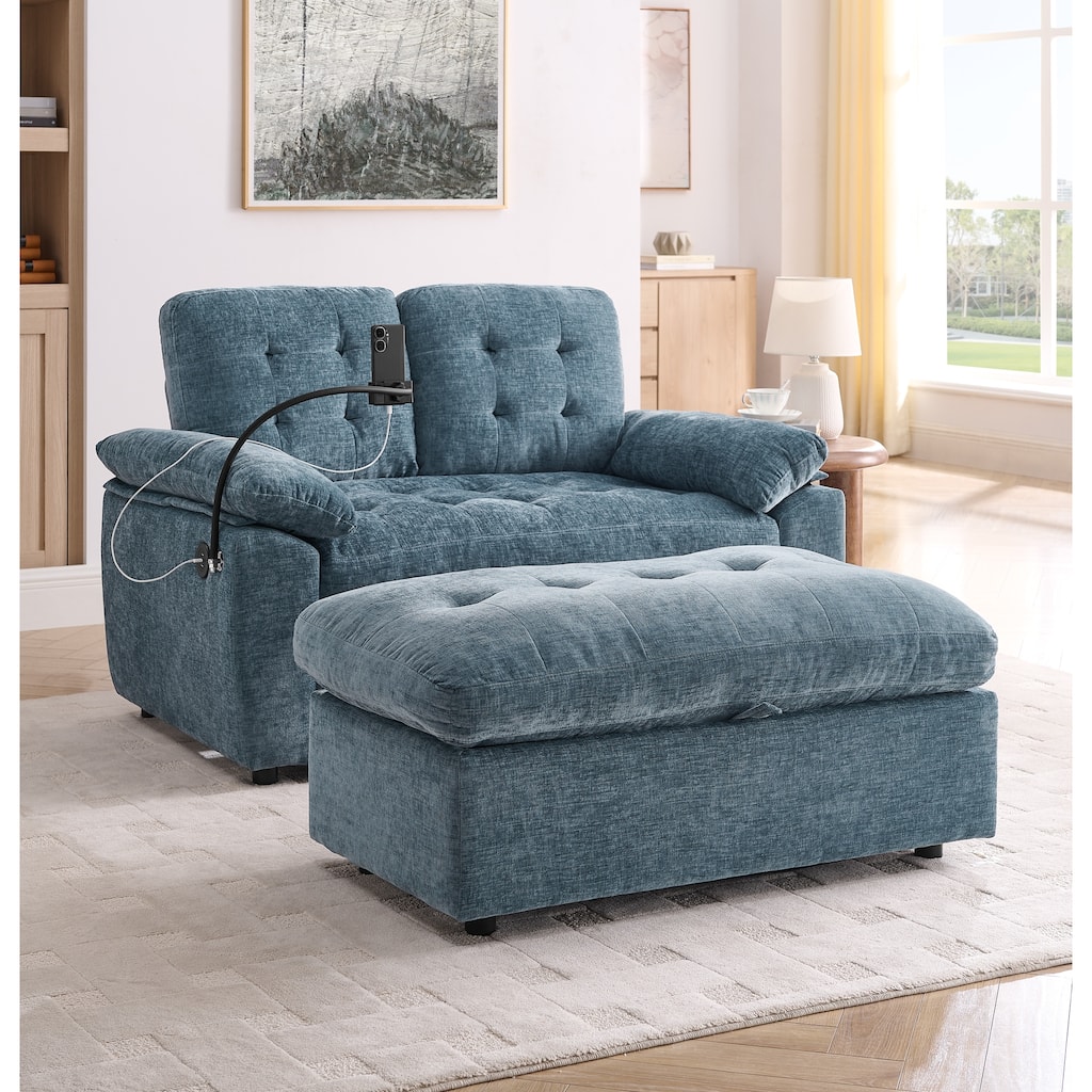 Roomfitters 2 Seater Upholstered Loveseat Sofa with Storage Ottoman Phone Mount and Side Pocket Tufted Accent Couch