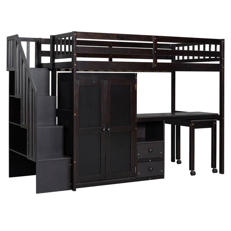 Space-Saving Kids/Teens Loft Bed with Stairs, Bookshelf, Drawers, Desk & Wardrobe – Multifunctional Furniture