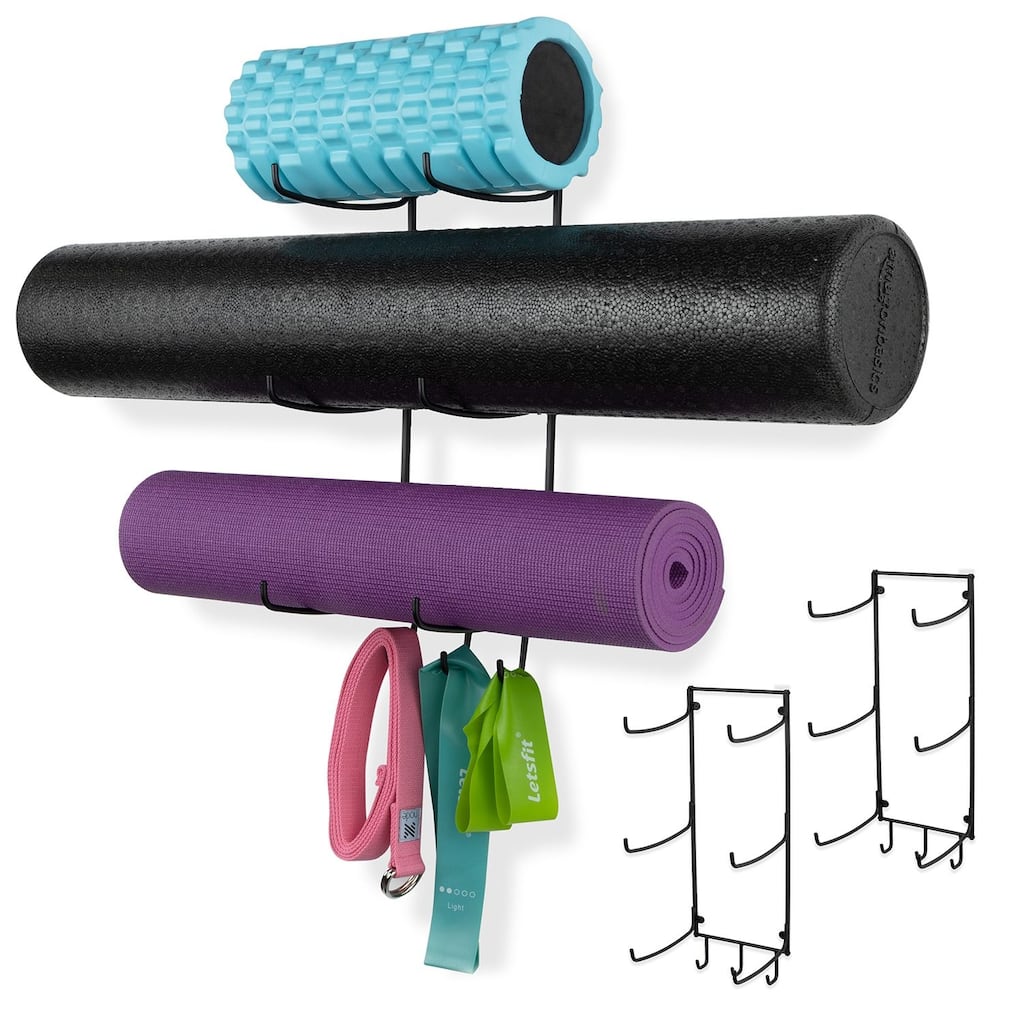 Wall Mount Yoga Mat Holder and Foam Roller Rack with 3 Hooks (Set of 3)