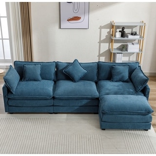 Blue Chenille Sofa Sets L-Shaped Sectionals w/ Ottoman Chaise, Pillows ...