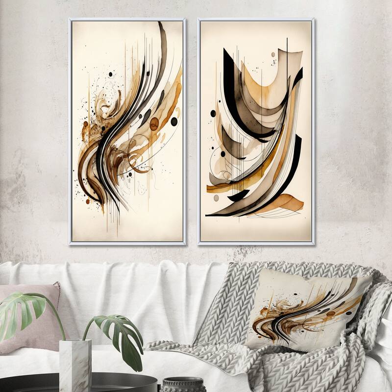 Designart "Brown And Black Movement" Abstract Minimalism Framed Wall Art Set Of 2 - Brown Wall Art Set Of 2