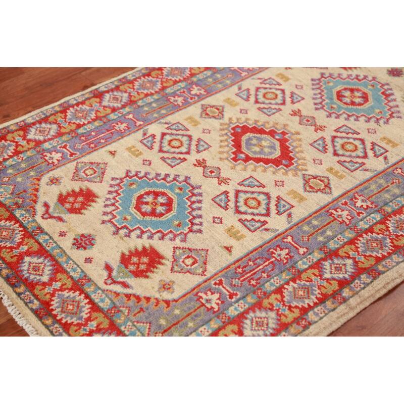 Traditional Kazak Accent Rug Hand-Knotted Beige Wool Carpet - 2'10"x 4'0"
