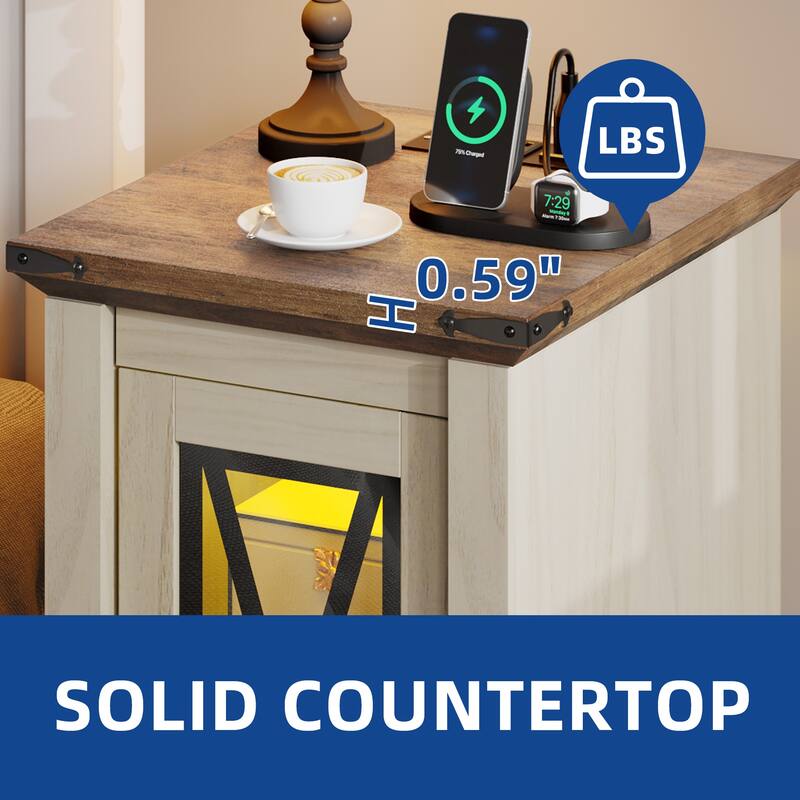 Moasis Farmhouse LED Light End Table with Charging Station, Chairside Sofa Side Table with Storage