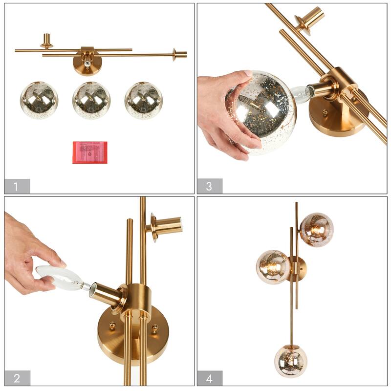 Bela Modern Glam Gold 3-Light Chandelier Wall Sconce Orb Mercury Glass Vanity Light - W12" x H30"