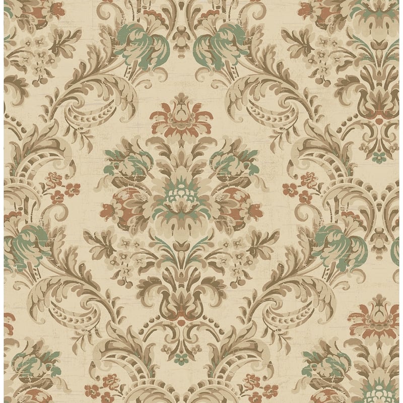 Seabrook Designs Berit Floral Damask Unpasted Wallpaper - 20.5 in. W x 33 ft. L - Metallic Parchment & Sea Green