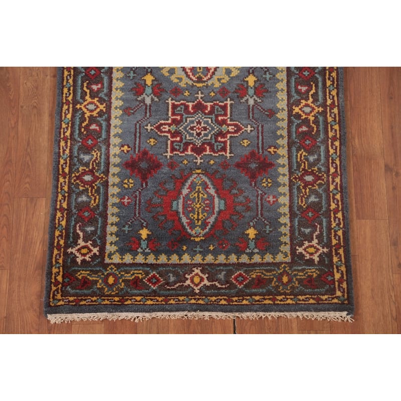 Geometric Kazak Runner Rug Handmade Blue Traditional Wool Carpet - 2'8"x 8'0"