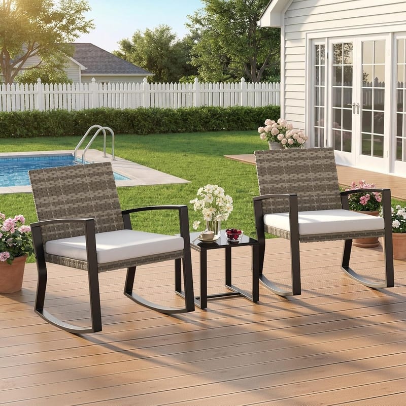 3 Pieces Wicker Patio Set with Cushion Outdoor Chair Set with Glass Table Rattan Chair Modern Bistro Set