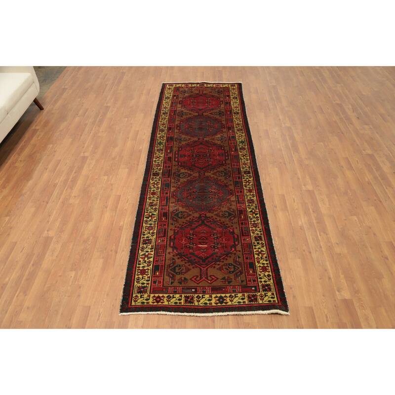 Hand Knotted Oriental 100% Wool Carpet Traditional Tribal Brown Ardebil Runner Rug - 10' 5'' X 3' 4''