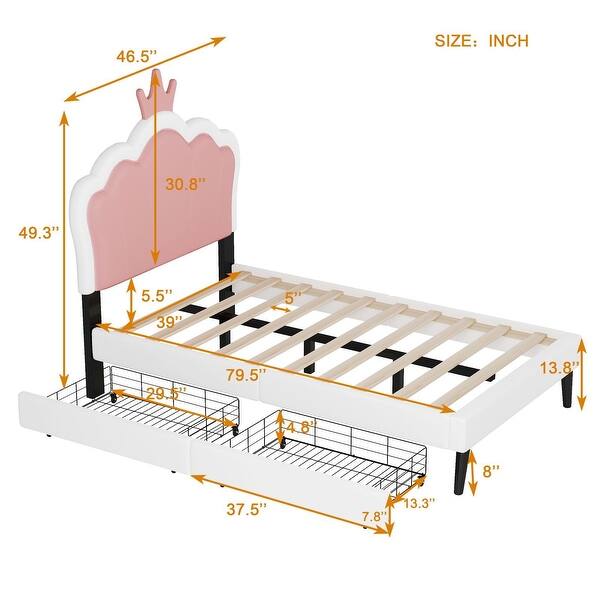 Twin Size Upholstered Princess Bed With Crown Headboard And 2 Drawers,Twin Size Platform Bed With Headboard