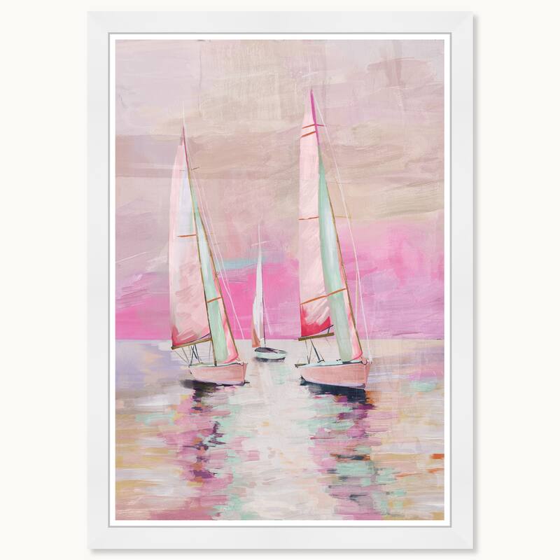 Wynwood Studio Pink Coastal Sailing Framed Beachfront Coastal Prints - 15 x 21 - White
