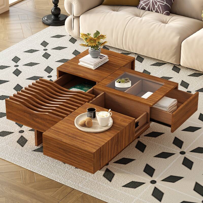 Mid Century Modern Coffee Table,Unique Square Wooden Coffee Table With 3 Drawers