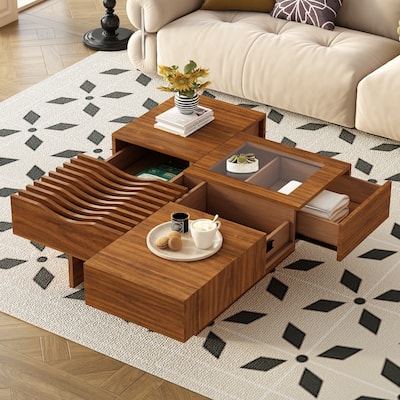 Mid Century Modern Coffee Table,Unique Square Wooden Coffee Table With 3 Drawers