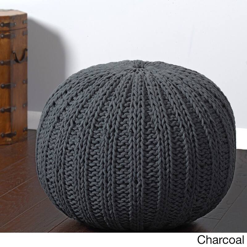 LR Home Sutton Hand-knitted Cable Cotton Pouf Ottoman - Charcoal/Grey